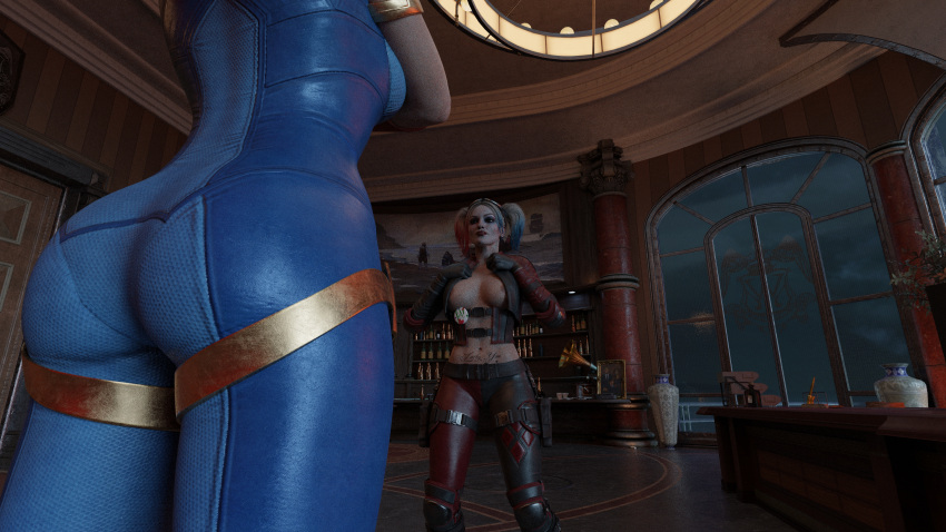 2girls 3d abs ass batman_(series) belethor's_smut big_ass big_breasts breasts dc dc_comics female female_only harley_quinn harley_quinn_(injustice) injustice_2 kara_danvers kara_zor-el lesbian light-skinned_female multicolored_hair netherrealm_studios pin_button pussy supergirl supergirl_(injustice) superman_(series) tattoo tribadism wayne_tower yuri