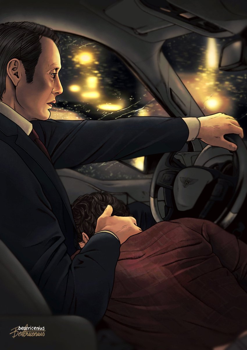 2boys beatricenius_(artist) blush car car_interior clothed clothing color colored cumming curly_hair dark_hair gay gay_sex gray_hair hand_on_neck hannibal hannibal_lecter hannigram light_hair male male/male male_focus male_only male_penetrated male_penetrating messy_hair oral oral_penetration oral_sex penetration roadhead sex_in_car short_hair sitting steering_wheel suit will_graham window