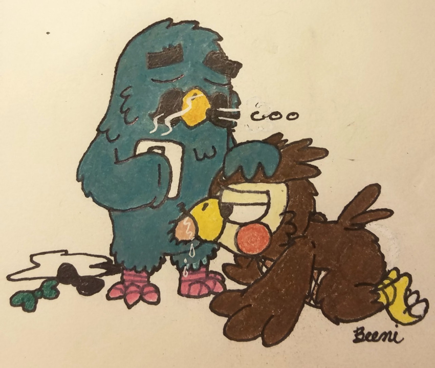 all_fours animal_crossing anthro avian beeni bird blathers_(animal_crossing) brewster_(animal_crossing) columbid doubutsu_no_mori duo male male/male master_(doubutsu_no_mori) mug nintendo nude oral owl pigeon traditional_media_(artwork) video_games