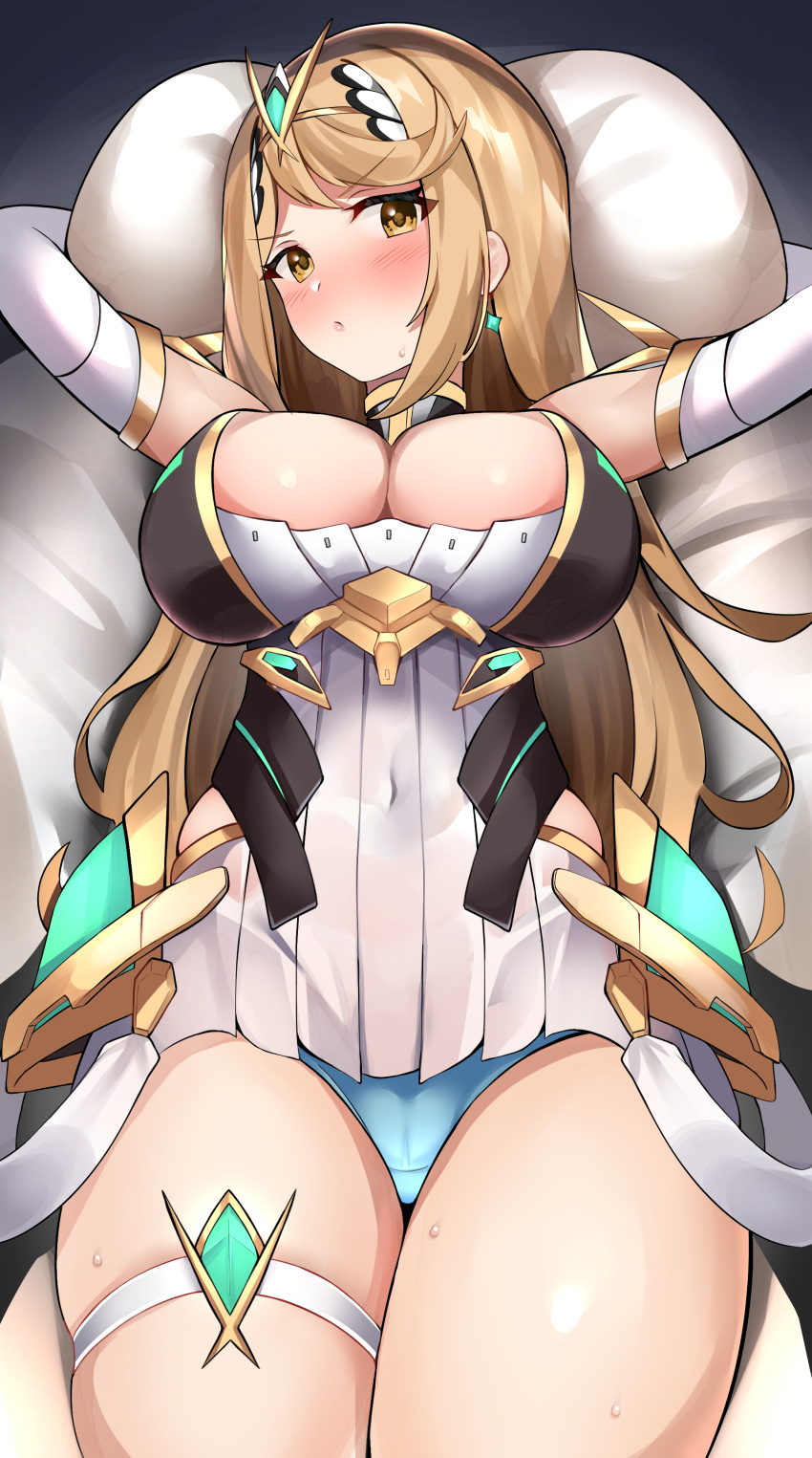 1girls 2022 alternate_breast_size armored_dress arms_above_head arms_up bangs blonde_hair blue_panties blush breasts cleavage clothed clothed_female earrings enishi96 female female_only gold_eyes hair_ornament hi_res hips huge_breasts long_hair lying_on_back mythra nintendo panties slim_waist swept_bangs thick_thighs thighs tiara white_clothing wide_hips xenoblade_(series) xenoblade_chronicles_2