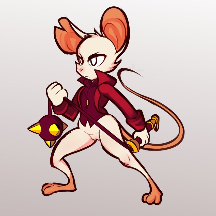 absurd_res angry anthro bottomless clothed clothing coat determined female flail genitals hi_res jarnqk mammal melee_weapon mina_(mina_the_hollower) mina_the_hollower mouse murid murine partially_clothed pussy rodent solo topwear weapon yacht_club_games