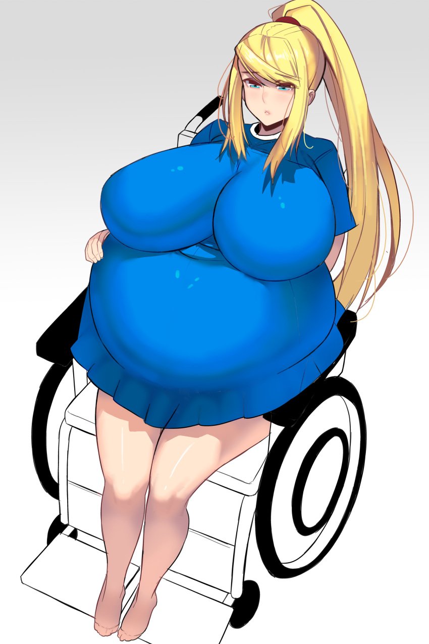 big_breasts blonde_hair blue_eyes blush female female_only hand_on_belly huge_breasts long_hair masao metroid ponytail pregnant samus_aran sitting solo tight_clothing wheelchair