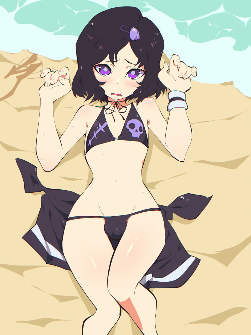 1boy 2022 aetherion_art beach bikini black_hair blush bulge femboy girly goth knees_together_feet_apart male male_only penis_in_bikini short_hair solo solo_focus solo_male steins;gate swimsuit urushibara_ruka