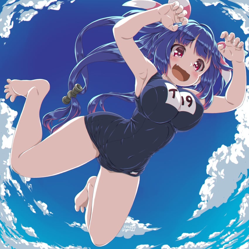 bare_arms bare_legs bare_shoulders barefoot black_swimsuit blue_hair blush breasts cloud cloudy_sky dated dd_(ijigendd) eyebrows_visible_through_hair female highres i-19_(kantai_collection) kantai_collection large_breasts long_hair name_tag oerba_yun_fang one-piece_swimsuit open_mouth red_eyes school_swimsuit sky smile solo swimsuit tri_tails twitter_username