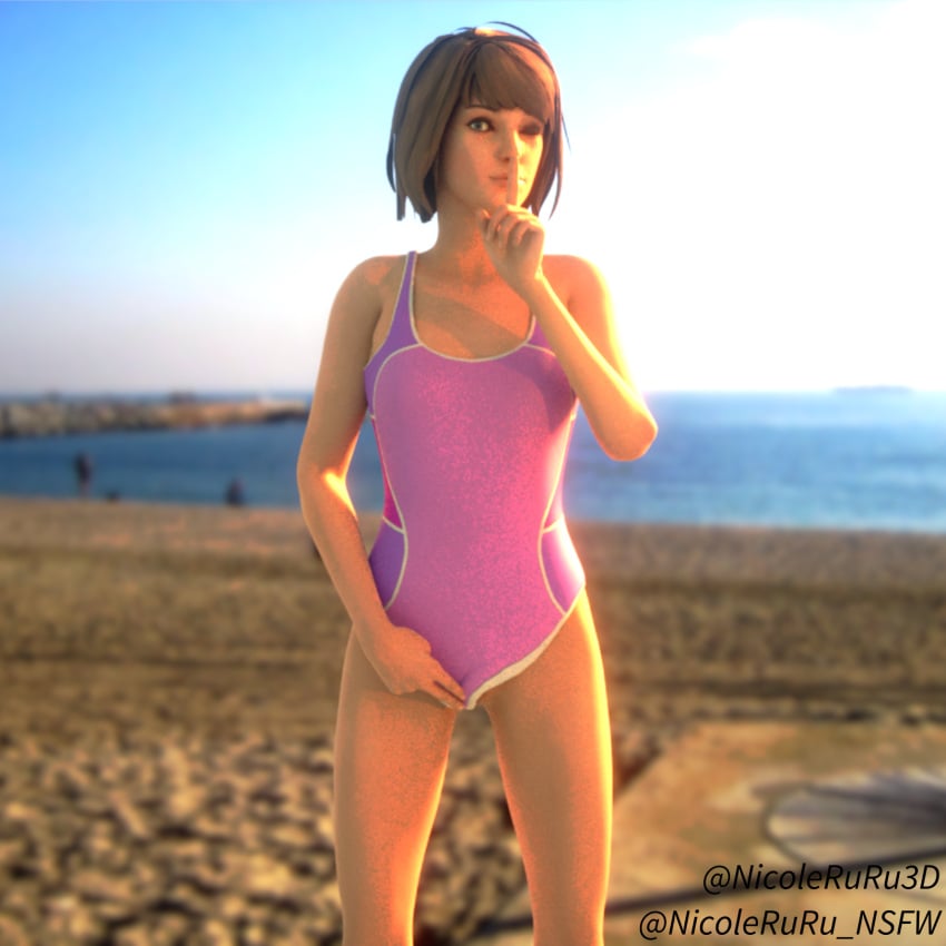 1girls 3d 3d_(artwork) beach blender_(software) blue_eyes brown_hair female female_only life_is_strange looking_at_viewer max_caulfield one-piece_swimsuit one_eye_closed public ruru3dx shushing solo swimsuit wink