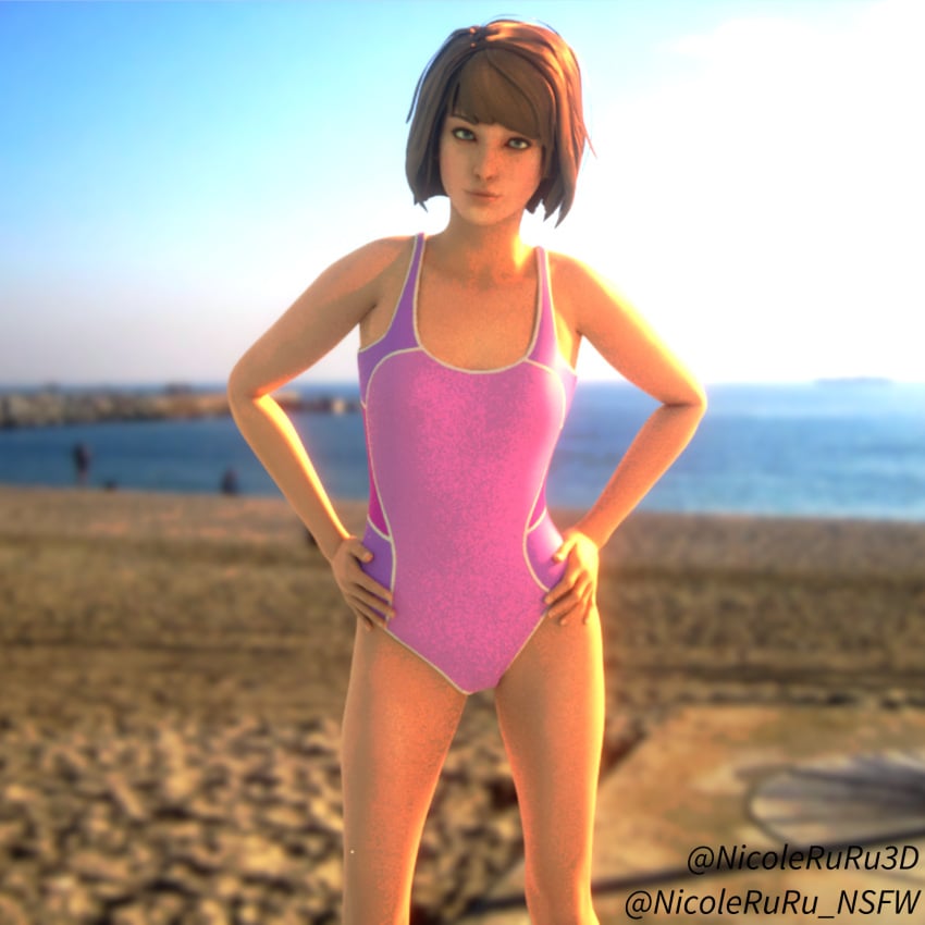 1girls 3d 3d_(artwork) beach blender blue_eyes brown_hair female female_only fully_clothed life_is_strange looking_at_viewer max_caulfield one-piece_swimsuit public ruru3dx solo swimsuit