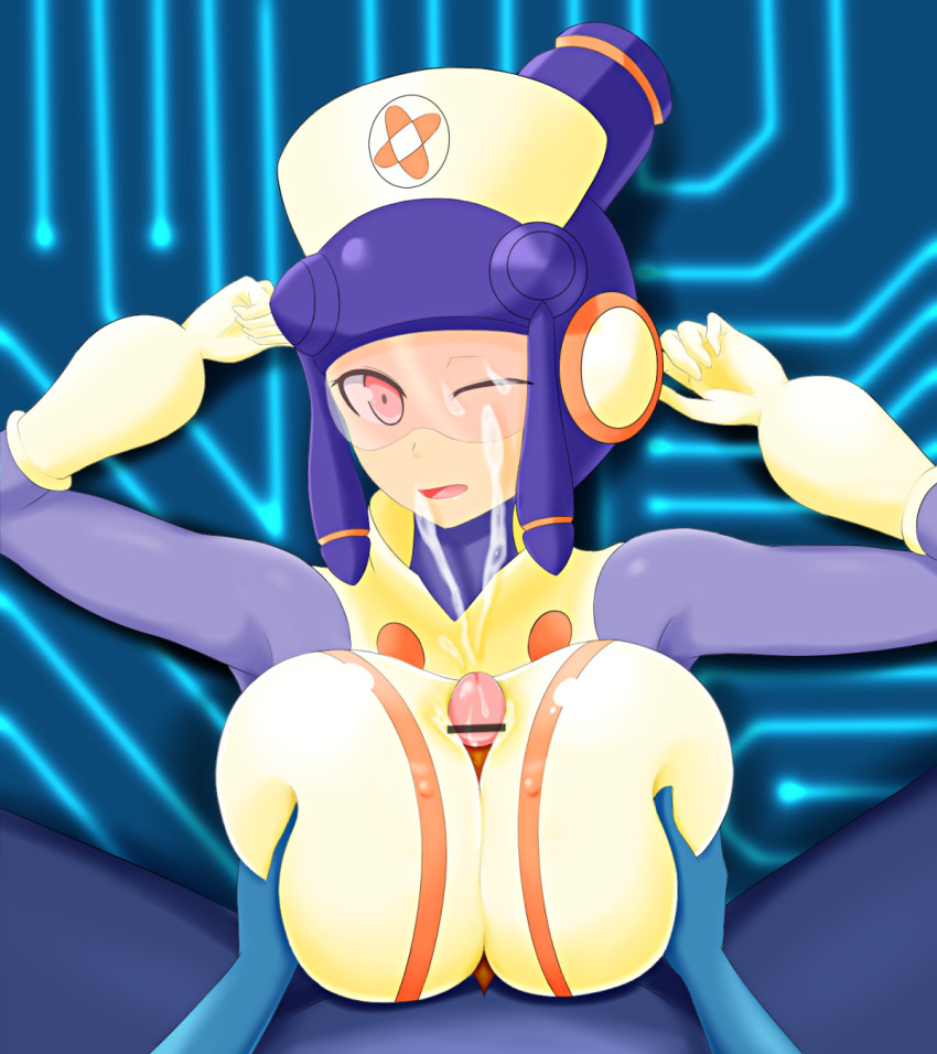 1boy 1girls after_paizuri areola bodysuit bodysuit_under_clothes breast_grab breasts capcom clothed_paizuri cum cum_on_face ejaculation erect_nipples eyewear female helmet lying male meddy.exe mega_man mega_man_battle_network megaman.exe nipples nipples_visible_through_clothing nurse_cap on_back open_mouth orange-tinted_eyewear paizuri paizuri_lead_by_male paizuri_over_clothes penis pink_eyes red_eyes rockman rockman_exe skin_tight tinted_eyewear visor wink