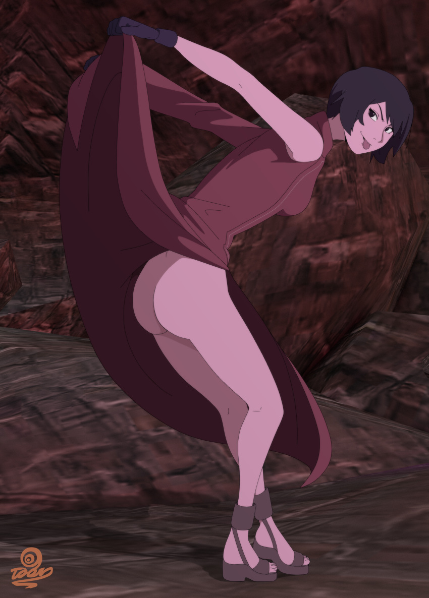 1girls :p ass bare_ass bare_legs black_eyes black_hair boruto:_naruto_next_generations butt_crack clothing clothing_lift dress dress_lift feet_up female female_only full_body gloves heels kurotsuchi leaning leaning_forward lifted_by_self light-skinned_female light_skin matching_hair/eyes mature mature_female mocking mooning naruto naruto_(series) no_panties no_underwear open_toe_shoes outdoors pinup presenting presenting_ass presenting_hindquarters red_dress short_hair smile solo solo_focus standing sticking_out_tongue toes tongue tongue_out visualtoon