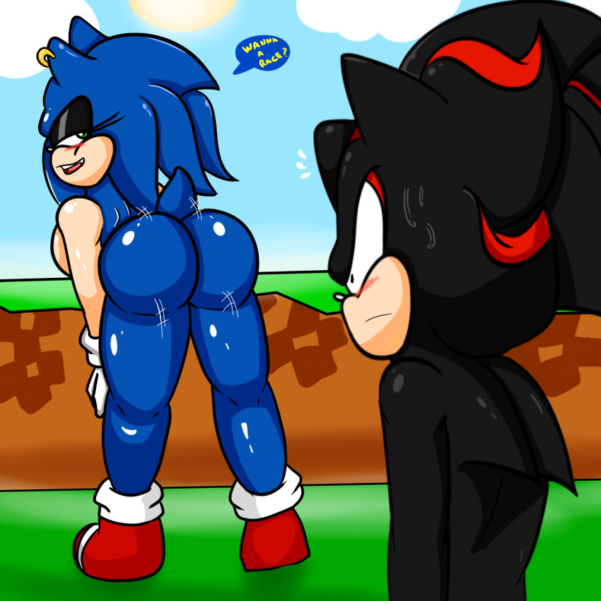 1boy 1girls 2022 ass black_eyeshadow black_fur black_hair blue_fur blue_hair blue_sky blush blushing bubble_ass bubble_butt butt dialogue exposed_torso female flirt flirting footwear grass green_eyes green_hill green_hill_zone half-closed_eyes handwear hd hi_res high_resolution highres looking_at_another looking_back looking_forward male outdoors outside red_fur red_hair rule_63 seductive shadow_the_hedgehog shoes sky sonic_(series) sonic_the_hedgehog sonic_the_hedgehog_(series) sonique_the_hedgehog soulyagami64 tail twerking white_skin