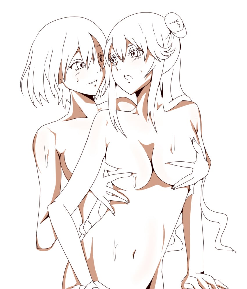 2girls breast_grab breasts code_geass code_geass:_boukoku_no_akito female fondling fondling_breast hair_bun hair_ornament kousaka_ayano leila_(code_geass) leila_malcal long_hair medium_breasts multiple_girls nude sweat twin_buns wet yuri