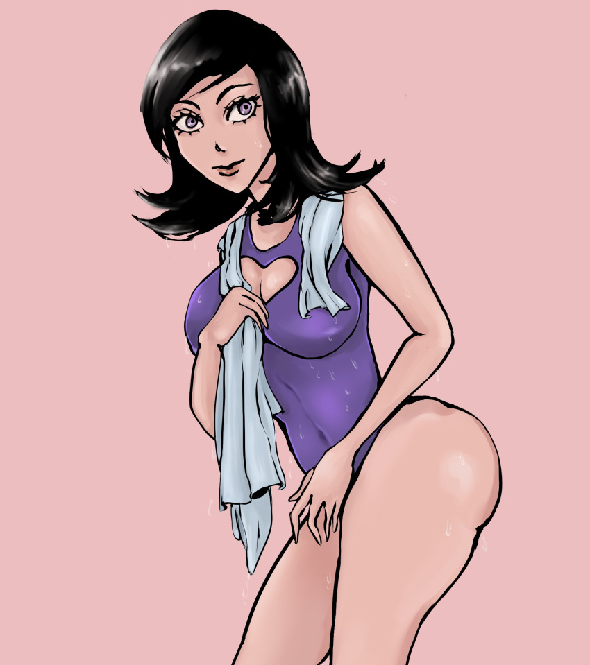 6tyninevehicles ass big_breasts black_hair droplets female female female_only heart legs maya_amano medium_hair persona persona_2 persona_2_eternal_punishment persona_2_innocent_sin purple_eyes purple_swimsuit smile swimsuit towel