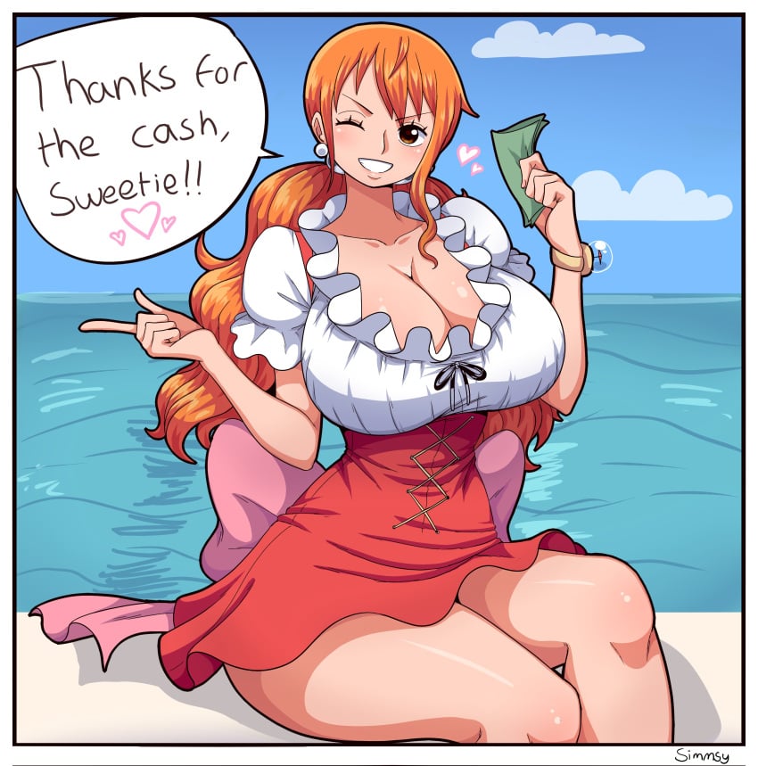 breasts cleavage female female_only huge_breasts nami one_piece orange_hair simmsy speech_bubble text thick_thighs whole_cake_island