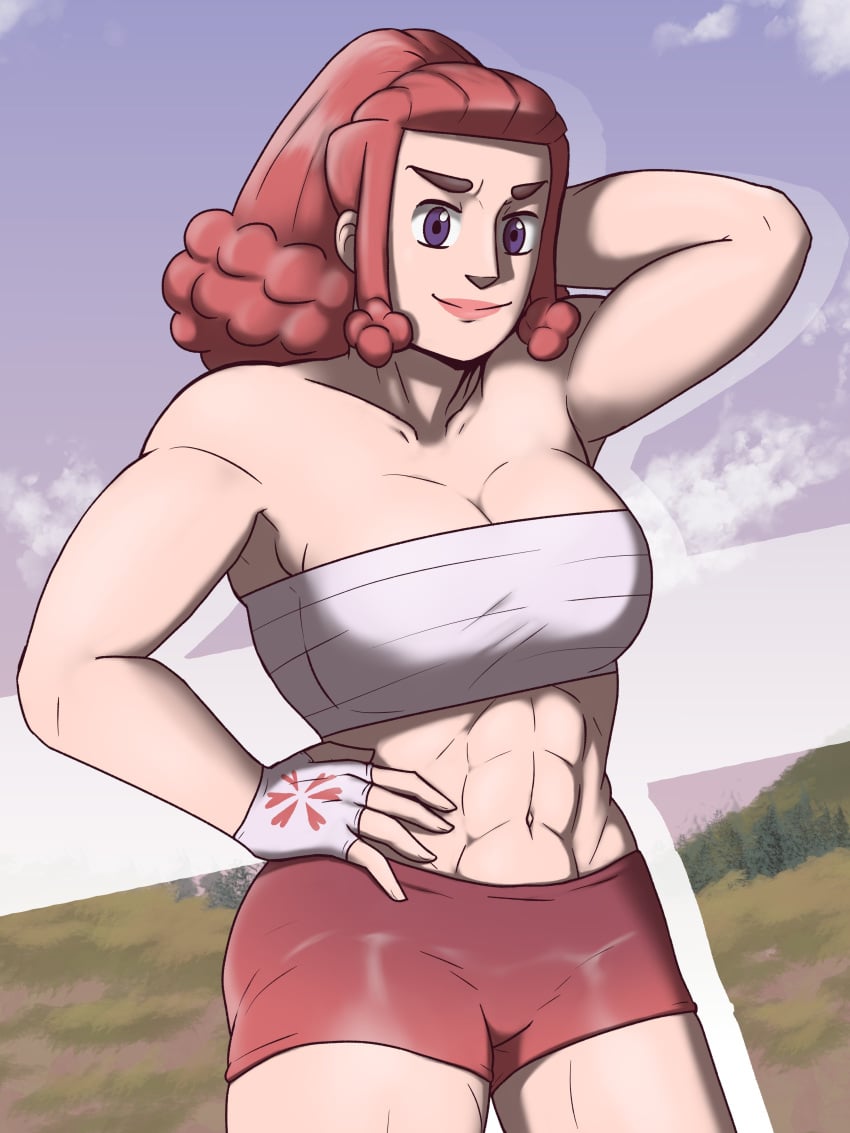 1girls abs fingerless_gloves fluffyyutyrannus muscular muscular_female perilla_(pokemon) pokemon pokemon_legends:_arceus purple_eyes red_hair solo solo_female zisu_(pokemon)