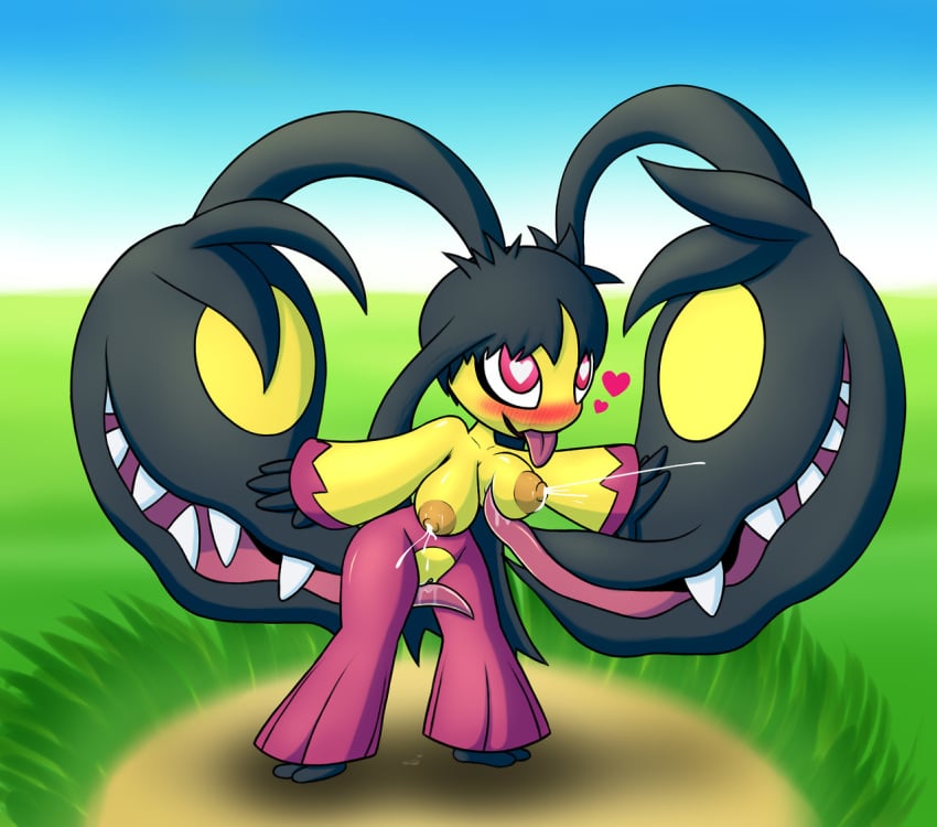 2017 ahe_gao autocunnilingus blush breasts female female_focus female_only game_freak hair_mouth hand_on_hair heart heart-shaped_pupils lactation licking_breast licking_pussy long_tongue looking_pleasured mawile mega_evolution mega_mawile nintendo nipples open_mouth open_smile pokemon pokemon_(species) pussy pussy_juice screwroot self_lick simple_background tongue tongue_out yellow_skin