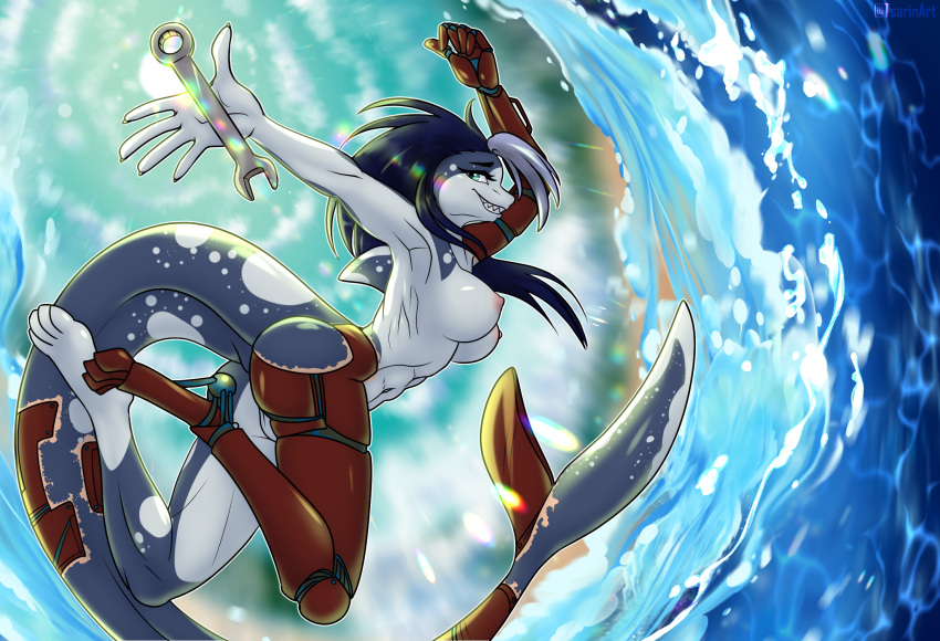 4322chan anthro big_breasts blue_hair breasts cetacean detailed_background female hair hi_res holding_object mammal marine mechanical_arm nude prothesis shark_fin smile smiling_at_viewer solo solo_focus