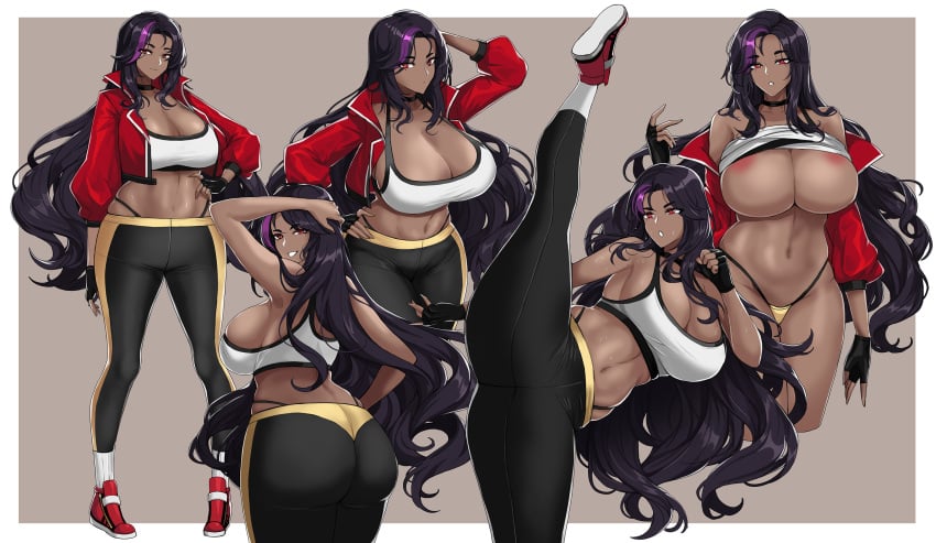 black_hair dark-skinned_female drogod_(artist) female female_only flexible gym_clothes huge_ass huge_breasts jacket long_hair looking_at_viewer oc original original_character pluto_(drogod) purple_hair red_eyes sports_bra thick_thighs wide_hips yoga_pants