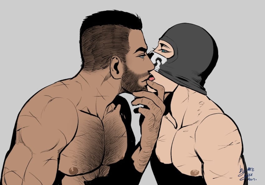 areyouhun beard blue_eyes call_of_duty call_of_duty:_modern_warfare_2 chest_hair facial_hair gay ghost_(modern_warfare_2) hairy hairy_chest john_mactavish kissing mask muscle muscles muscular naked pecs simon_riley soap_(modern_warfare_2) tagme