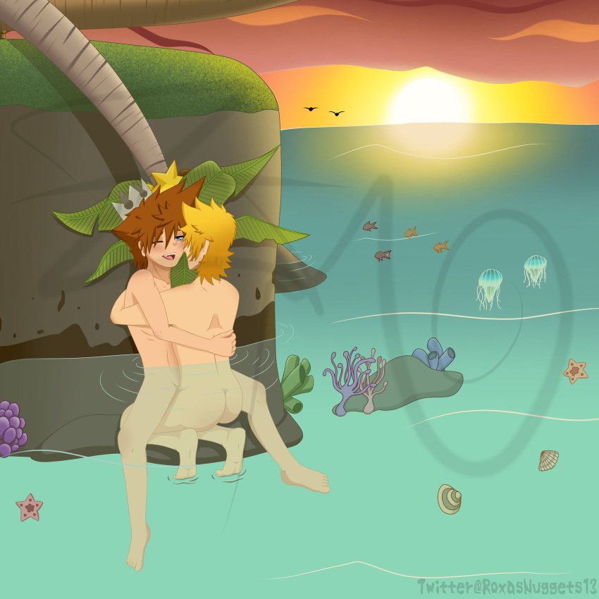 anal beach casual destiny_islands hugging human in_water kingdom_hearts male male/male male_only nature nobody_(kingdom_hearts) roxas roxasnuggets13 sora_(kingdom_hearts) sunset yaoi