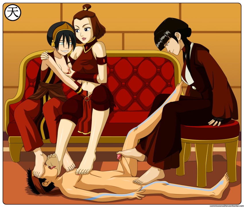 1boy 3girls aang age_difference air_nomad airbender_tattoo anklet anklets arrow artist_name assertive_female avatar_legends avatar_the_last_airbender barefoot bisexual_(female) black_hair blind boobs breasts brown_hair clothed_female_nude_male clothing completely_nude couch cute_male dominant_female domination earth_kingdom feet feet_licking feet_on_chest feet_on_face feet_on_legs feet_on_penis female female_human female_human_feet femdom fire_nation fire_nation_clothing foot_fetish foot_lick foot_play footjob foursome front_view full_body groping_breasts hand_in_another's_panties hand_in_panties hand_in_pants hand_on_breast happy happy_female happy_sex happy_sub headband horny_female humiliation laying_on_back laying_on_ground lucky_bastard mai_(avatar) male male/female medium_breasts mfff_foursome netorare nickelodeon nipple_play nonbender on_floor penis red_clothing red_lips red_lipstick rubbing_clitoris rubbing_penis rubbing_pussy side_view small_breasts smile smooth_skin suki tattoo tenzen the_avatar tomboy toph_bei_fong touching_breast touching_penis touching_pussy trample trampling wristband yuri