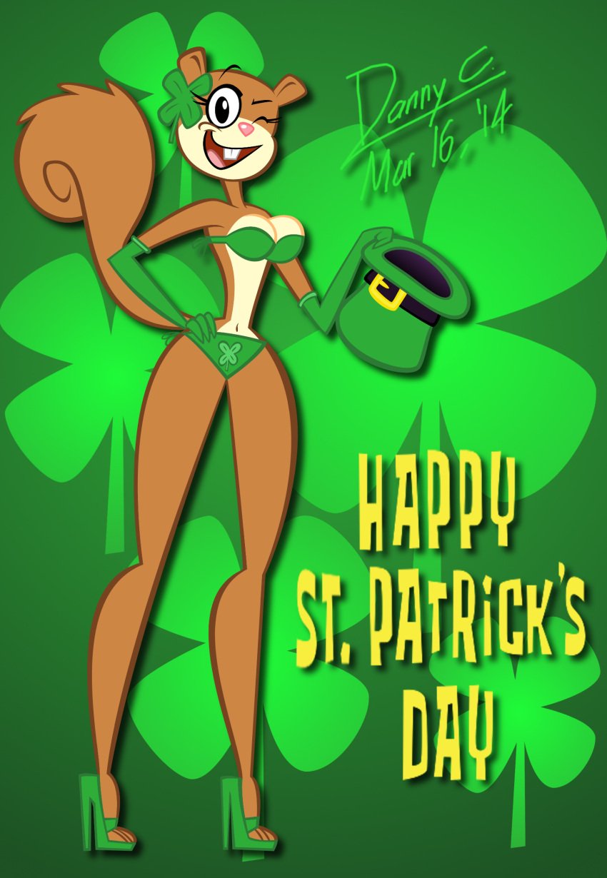 2014 anthro big_breasts blu3danny breasts brown_body female female_focus female_only four_leaf_clover furry furry_only furry_tail green_clothing sandy_cheeks solo_female st._patrick's_day straight_hair text