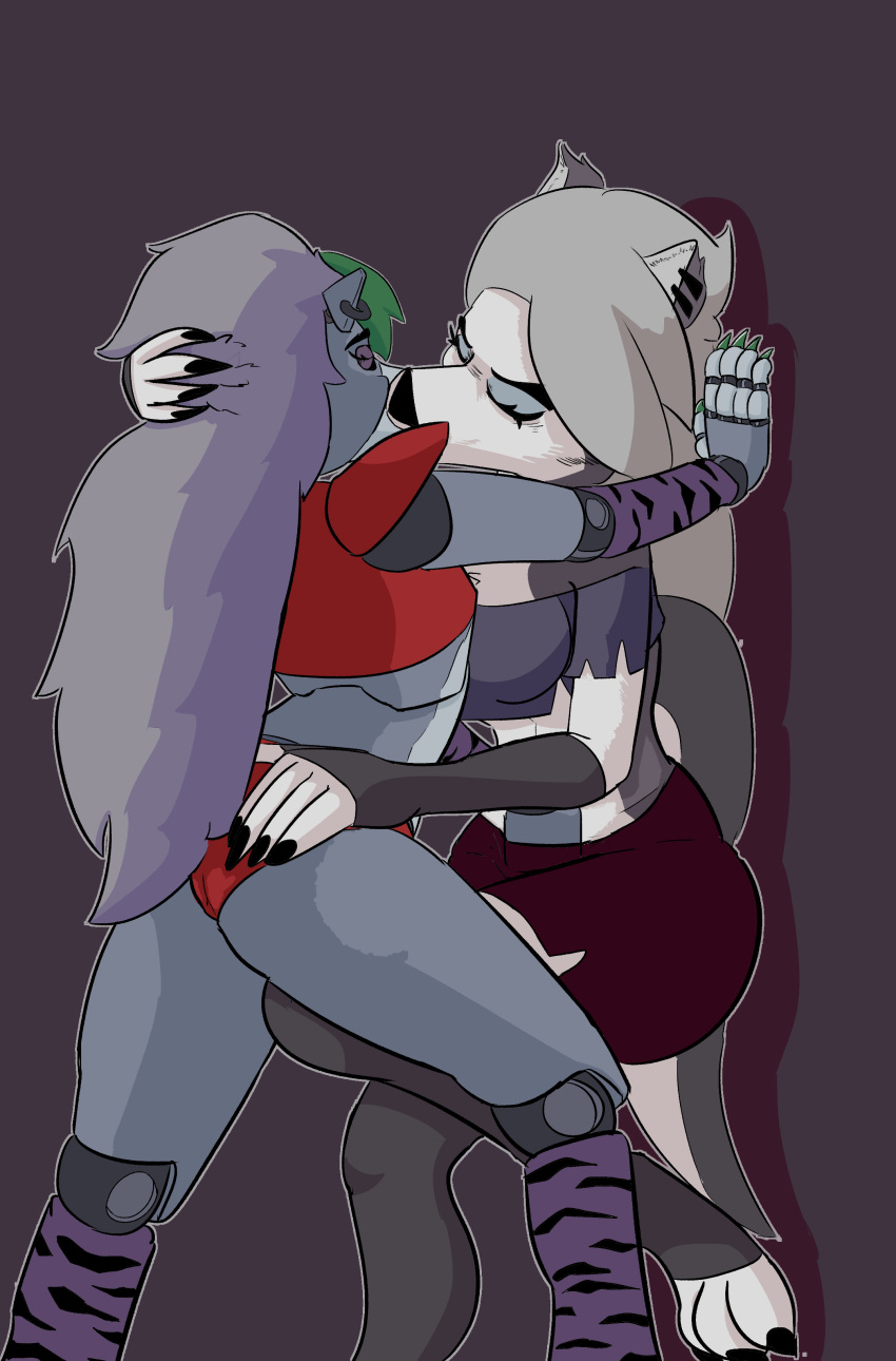 2girls animatronic anthro canine demon_girl dressed five_nights_at_freddy's five_nights_at_freddy's:_security_breach furry helluva_boss kissing loona_(helluva_boss) nsft robot robot_girl roxanne_wolf_(fnaf) tagme wolf wolf_girl woman_on_top yuri