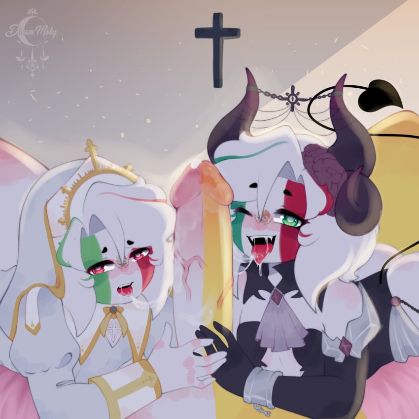 3boys big_penis christianity countryhumans cross demon_horns demon_tail demon_wings dream_moky femboy gay girly hentai incubus looking_at_viewer masturbation mexico mexico_(countryhumans) multicolored_body multicolored_hair nun nun_outfit porn precum vatican_city_(countryhumans) white_hair