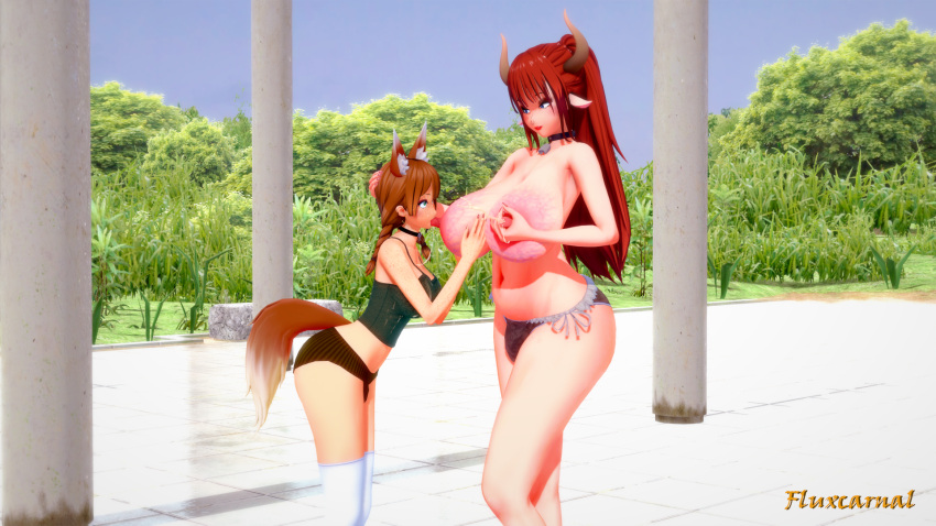 1futa 1girls 3d animal_ears areolae big_breasts breast_feeding breasts bulge clothed clothing duo female fluxcarnal fox_ears fox_girl fox_tail fully_clothed futanari huge_breasts humanoid kemonomimi light-skinned_female light-skinned_futanari milk minotaur mostly_nude nipples standing topless veiny_breasts wide_hips