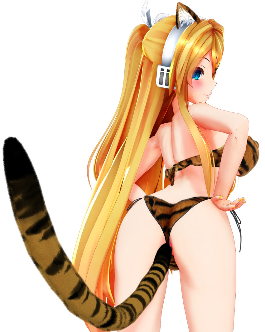 3d ass ass_focus big_breasts bikini blonde_hair headphones kagamine_rin kagamine_rin_(future_style) looking_back mikumikudance tiger_ears tiger_print tiger_tail vocaloid