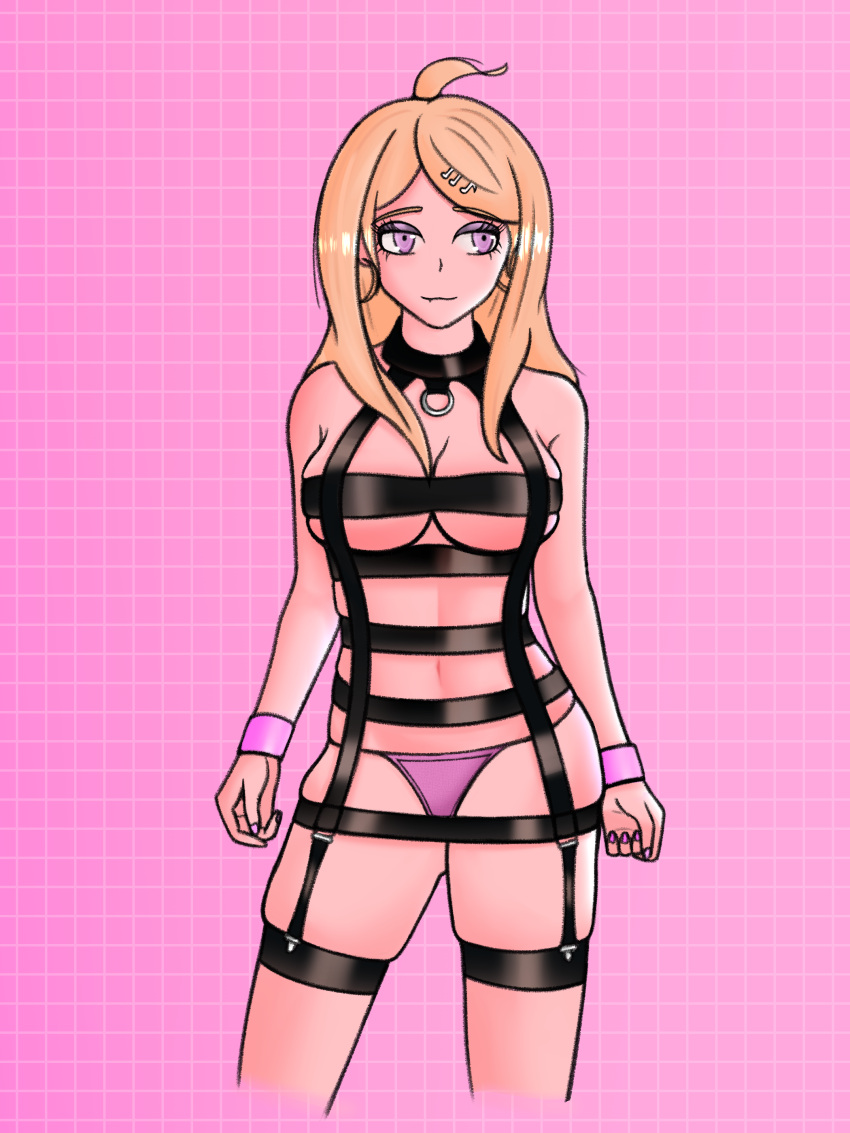 akamatsu_kaede back big_breasts blonde_hair bracelet carfound danganronpa danganronpa_v3 earrings female female_only garter_belt garter_straps karfound leather_straps leather_suit light_skin lingerie long_hair looking_back panties pink_eyes pink_panties sideboob smug straight_hair stripes