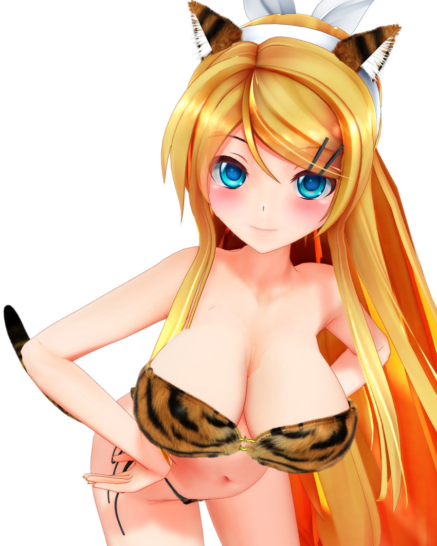 3d alternate_breast_size big_breasts blonde_hair kagamine_rin kagamine_rin_(future_style) large_breasts leaning_forward long_hair looking_at_viewer mikumikudance staring_at_viewer tiger_ears tiger_print vocaloid