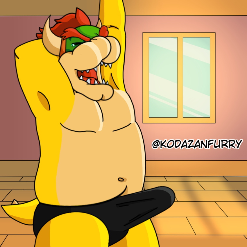 1:1 anthro belly big_belly big_muscles bowser bulge chubby_male closed_eyes clothed clothing erection erection_under_clothing eyebrows father genital_outline hair horn house_background invalid_tag kodafurrzan koopa male male_only mario_(series) muscular navel nintendo open_mouth parent penis_outline scalie solo standing stretching tanga teeth teeth_visible underwear video_games yawning_position yellow_tail