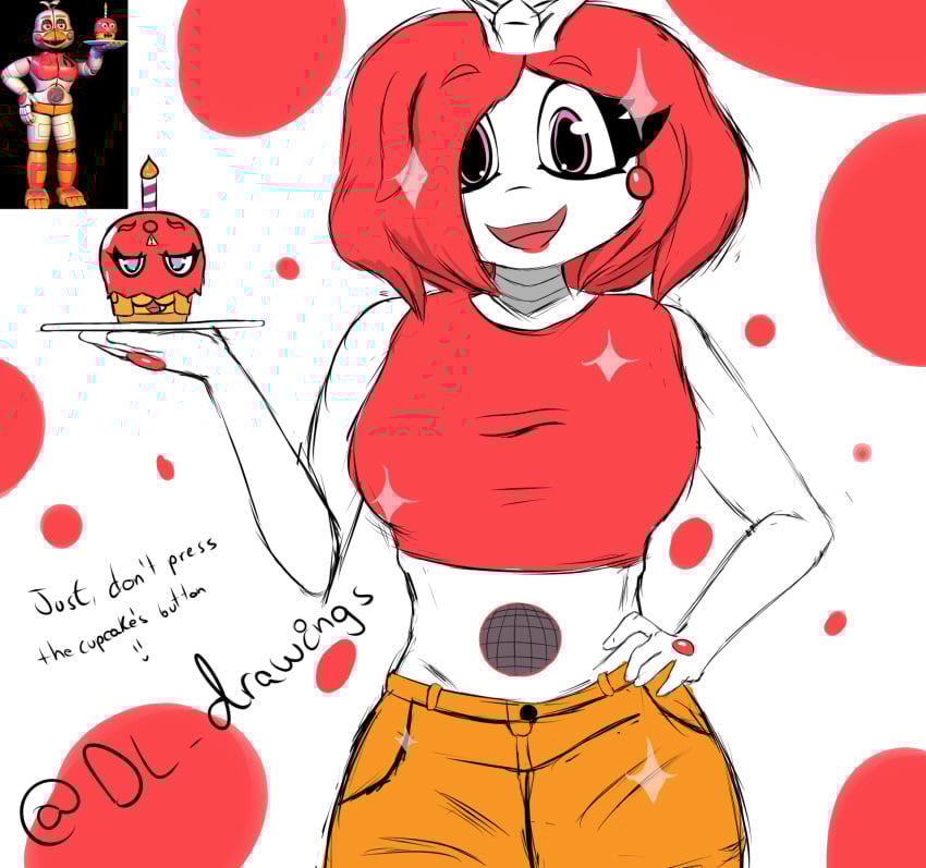 animate_inanimate animatronic anthro avian beakless bird blue_eyes breasts candle chicken clothed clothing cupcake cupcake_(fnaf) desesperadoleon dessert duo eyelashes fangs female fire five_nights_at_freddy's food freddy_fazbear's_pizzeria_simulator funtime_chica_(fnaf) galliform gallus_(genus) hair hi_res holding_food holding_object looking_at_viewer machine one_eye_closed open_mouth phasianid pink_body pink_eyes pink_hair plate pose robot scottgames shirt short_hair size_difference smile standing teeth thick_thighs topwear video_games white_body white_hair