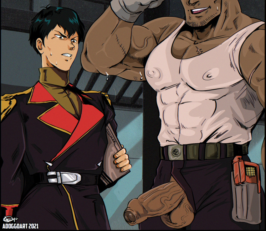 2boys abs adoggoart alpha_male angry beefy cocky daddy dark-skinned_male faceless_male foreskin gay gundam gyunei_guss large_penis looking_down male male_only manly mechanic military military_uniform muscular muscular_male partially_clothed pecs scar scars size_difference tough_guy uncut yaoi