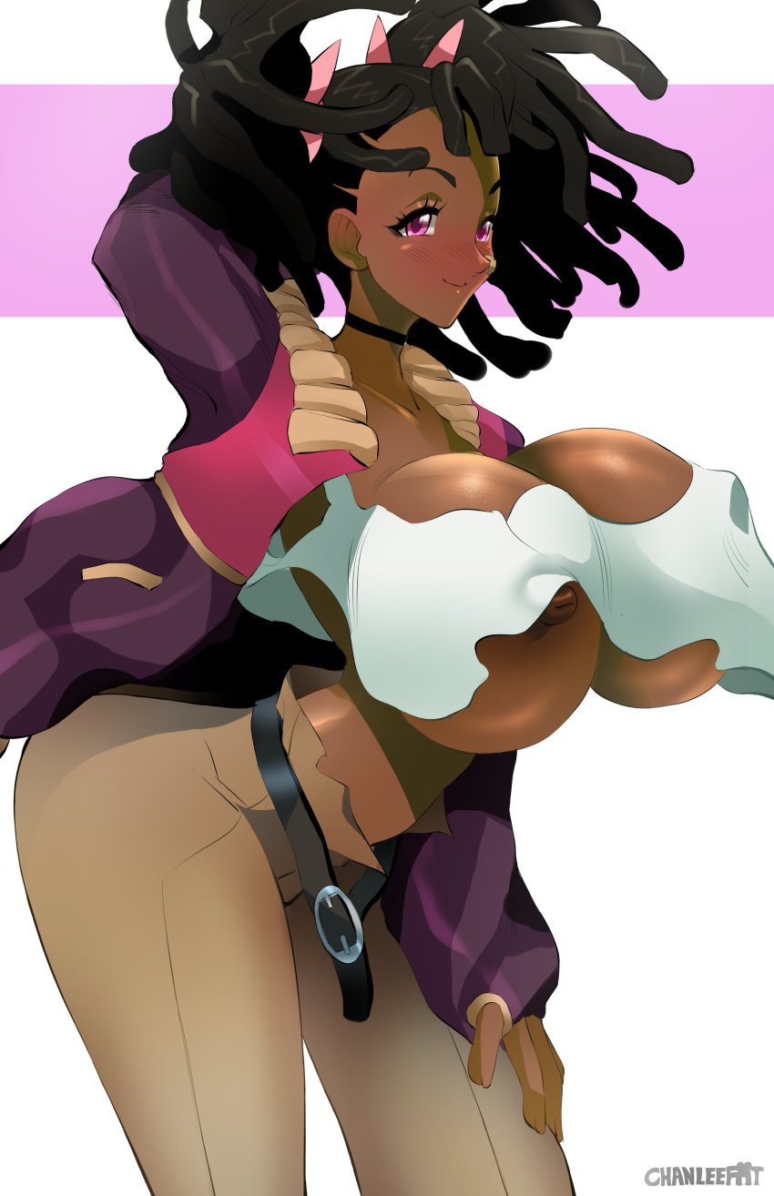 1girls ayukawa_miyuki basquash! big_areola big_nipples black_hair bouncing_breasts brown_nipples chanleefat choker clothed clothing dark-skinned_female dark_nipples dark_skin exposed_breasts exposed_nipples female female_focus female_only huge_areolae huge_breasts huge_nipples jacket looking_at_viewer miyuki_ayukawa nipple_slip no_bra pants topwear