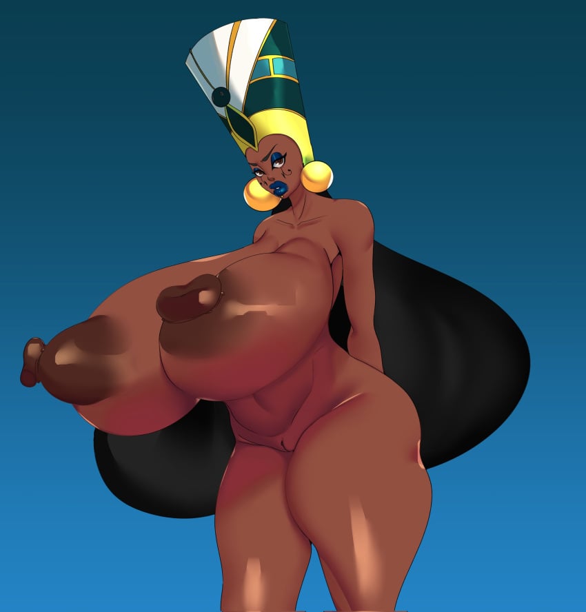 1girls areolae black_hair bokcutter completely_nude dark-skinned_female dark_nipples dark_skin earrings egypt egyptian egyptian_headdress erect_nipples female female_focus female_only huge_breasts human long_hair mature_female naked nubian original original_character puffy_nipples queen_titahatenamun_ebonee thick_thighs voluptuous wide_hips