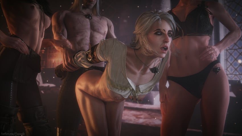 1boy 3d 3girls bent_over blender blender_(software) cd_projekt_red ceeeeekc ciri doggy_style eyeless_male geralt_of_rivia harem partially_clothed sex the_witcher_(series) the_witcher_3:_wild_hunt triss_merigold waiting_for_turn watching yennefer