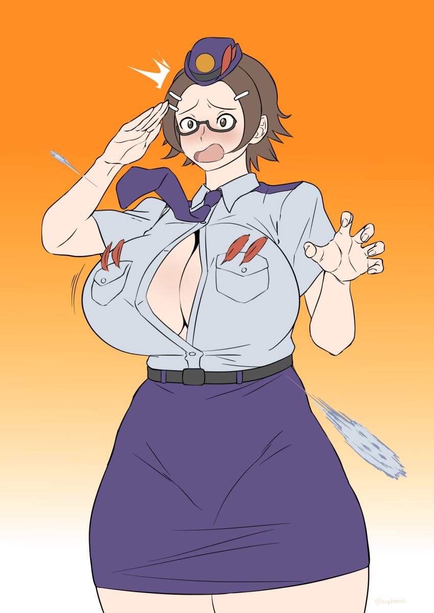 1girls big_breasts blush brown_eyes brown_hair brown_hair buttons buttons_popping capcom cleavage embarrassed female glasses gyakuten_saiban gyakuten_saiban hi_res high_resolution highres large_breasts maggey_byrde police police_uniform policewoman polo_shirt salute saluting shirt shirt_open simple_background skirt solo solo_female suphesol unbuttoned unbuttoned_shirt voluptuous wardrobe_malfunction