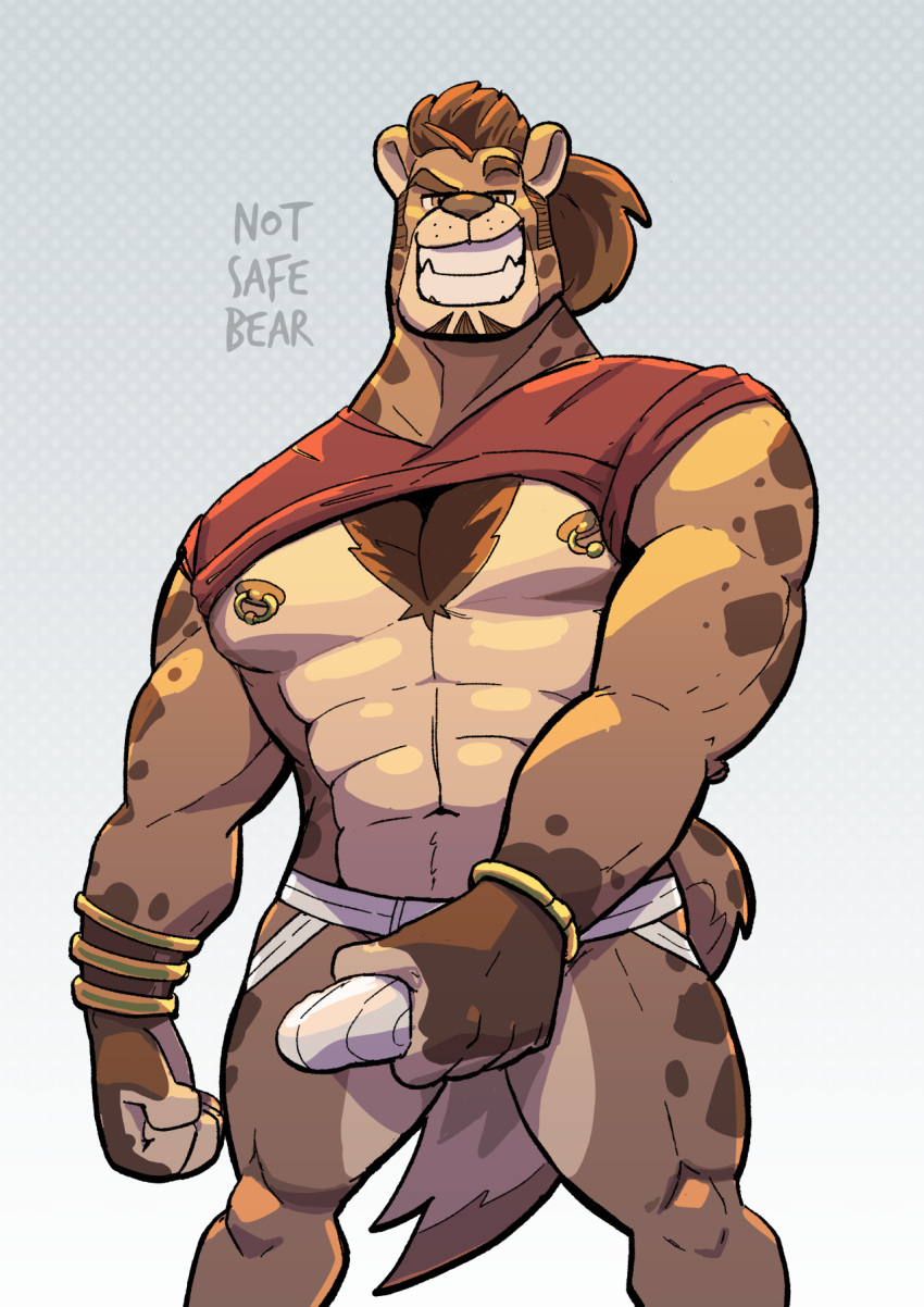 anthro bracelet brown_hair bulge clothed clothing felid hair hand_on_bulge hi_res jewelry jockstrap male male_focus male_only male_solo mammal muscular muscular_anthro muscular_male nipple_piercing nipples notsafebear pantherine pecs piercing raised_clothing raised_shirt raised_topwear shirt solo solo_male teeth tiger topwear underwear