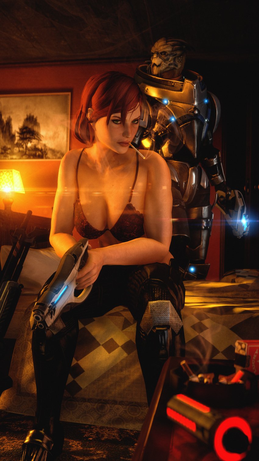 1boy 1girls armor bedroom bra breasts cheopsfm commander_shepard female femshep futuristic_armor garrus_vakarian gun human light-skinned_female light_skin male mass_effect red_hair smoking turian