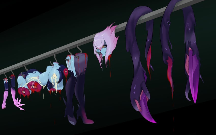 1girls bleeding blood breast_milk chalk_(artist) claws dead death demon demon_girl demoness dismemberment evelynn female female_death female_focus female_only gore guro heels high_heels lactation league_of_legends long_tongue meat_hook pink_hair succubus tendrils tongue