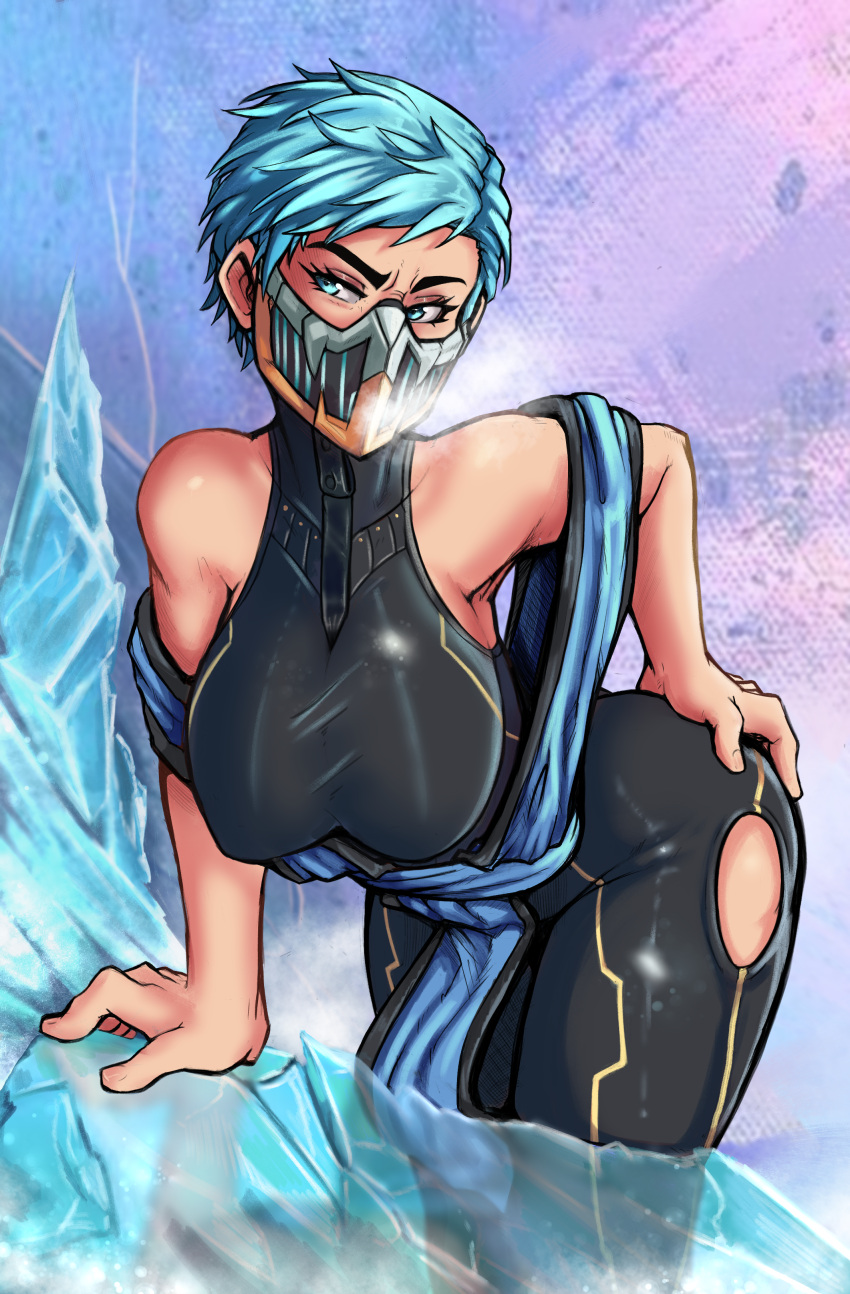 2d big_breasts blue_eyes blue_hair edit eyeshadow female female_only frost_(mortal_kombat) ice mask masked mortal_kombat mortal_kombat_11 netherrealm_studios patreon pinup reliusmax short_hair solo solo_female solo_focus tomboy variant very_short_hair