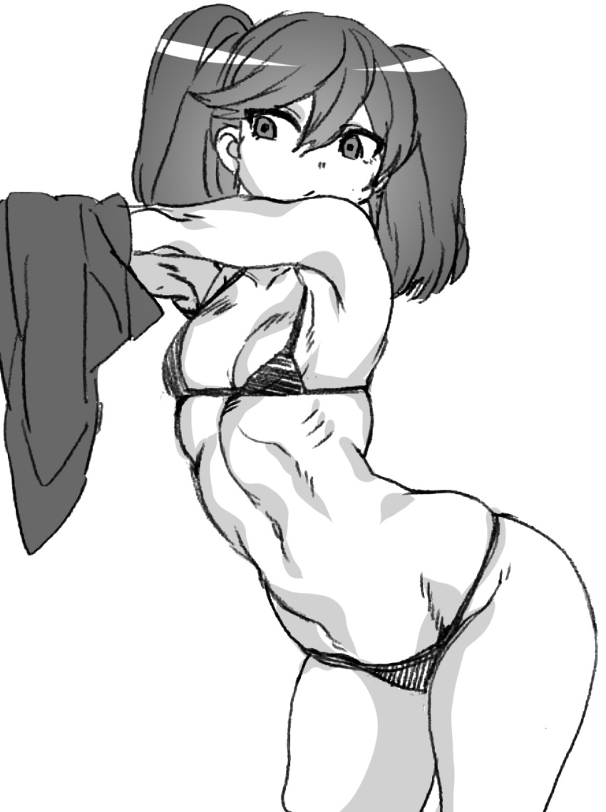 big_butt bikini female greyscale hair_between_eyes hohehohe kantai_collection looking_at_viewer monochrome navel no_hat no_headwear ryuujou_(kantai_collection) skindentation small_breasts solo swimsuit thick_thighs thighs twintails undressing