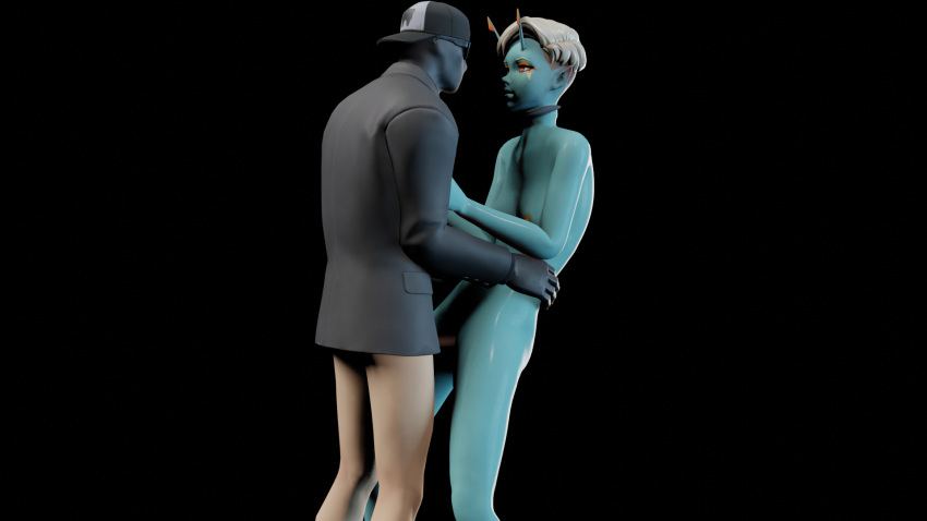 1boy1girl 3d 3d_(artwork) alien alien_girl backwards_baseball_cap black_background blue_skin female fortnite fortnite:_battle_royale hat joey_(fortnite) light-skinned_male light_skin male masked_male naked no_pants shadow_enforcer shadow_henchmen shirt standing standing_sex staring staring_at_partner straight suit_and_tie tagme vaginal_penetration white_hair