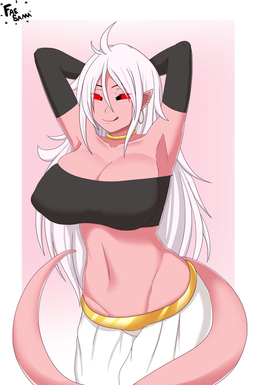 1girls android_21 arm_warmers arms_behind_back arms_up black_sclera dragon_ball dragon_ball_fighterz dragon_ball_z fae-sama female_only large_breasts looking_at_viewer majin majin_android_21 midriff monster_girl nipple_bulge pink_skin pinup red_eyes shounen_jump simple_background smug tongue_out white_hair