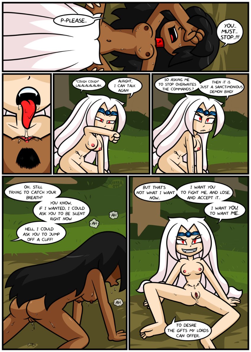 2girls ass black_hair blue_eyes blush breasts bright_darkness butt chocolate_and_vanilla comic comic_page command_spell control_collar controlled cunnilingus dark-skinned_female dark_skin demon_tongue demonic_tongue dialogue dominant dominant_female domination enchantment evil_grin evil_smile fangs female_focus female_only hairy_pussy hand_on_own_head headband headband_only laying_on_ground legs_apart legs_open licking_pussy light-skinned_female long_hair multiple_girls naked naked_female nipples nude nude_female on_all_fours outdoors pale-skinned_female priestess pubic_hair pussy pussy_juice pussy_juice_drip pussy_licking red_eyes sitting_on_ground speech_bubble stomach_tattoo sweat text tongue_on_pussy unshaved_pussy vagina wet_pussy white_hair witch xierra099 yuri