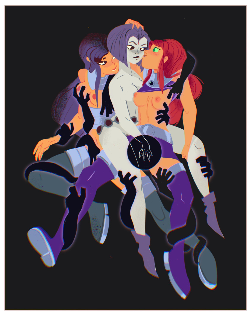 3girls black_background black_hair blackfire boots breasts dc dc_comics female_focus female_only fingering green_sclera grey_skin half-dressed hands komand'r koriand'r magic magic_hands miniskirt multiple_girls nipples orange_skin purple_boots purple_hair rachel_roth raven_(dc) red_hair rumbleafterdark sisters starfire straight_hair tamaranean teen_titans thigh_boots threesome undressing yuri