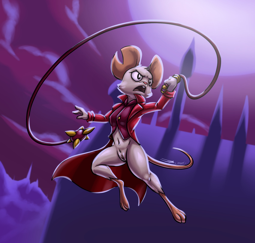 2022 3_toes action_pose angry anthro bassybefuddle black_eyes bottomless clitoris clothed clothing coat feet female frown fur genitals grey_body grey_fur hi_res holding_object holding_whip looking_up mammal mina_(mina_the_hollower) mina_the_hollower moon mouse murid murine night pink_nose pose pupils purple_clothing purple_shirt purple_topwear pussy red_clothing red_coat red_topwear rodent shirt solo tan_inner_ear toes topwear whip white_pupils yacht_club_games