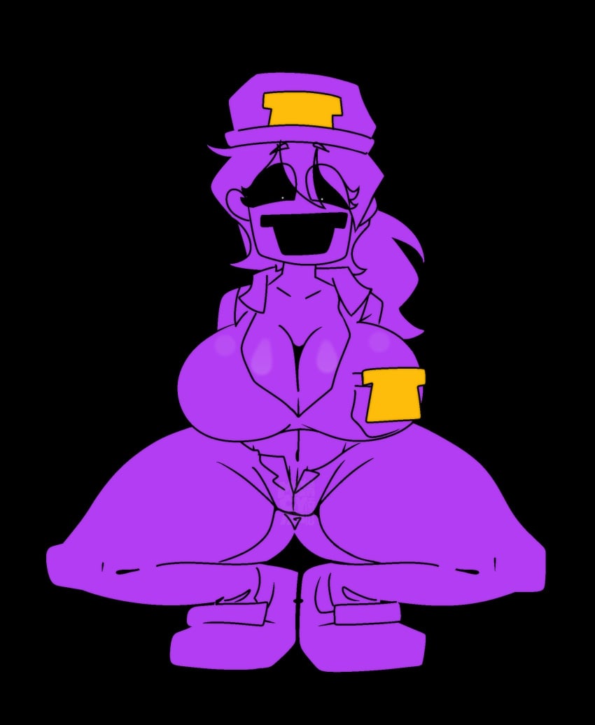 1girls badge big_breasts black_eyes black_sclera cleavage female female_only five_nights_at_freddy's fnaf hat horaco long_hair open_pants ponytail purple_body purple_clothing purple_girl purple_hair purple_hat purple_skin pussy_peek rule_63 squatting thehoraco wendy_afton white_eyes