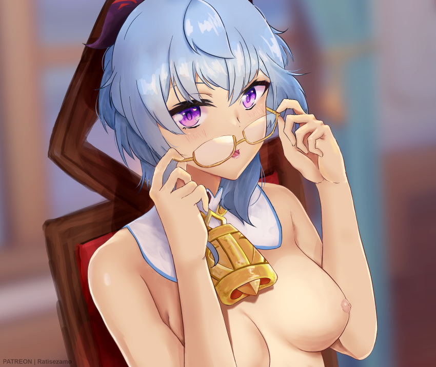 1girls aqua_hair areolae bare_shoulders bell bell_collar blush breasts collar embarrassed female female_only ganyu_(genshin_impact) genshin_impact glasses highres horns long_hair looking_at_viewer medium_breasts nipples open_mouth purple_eyes ratisezamo sitting small_breasts solo surprised