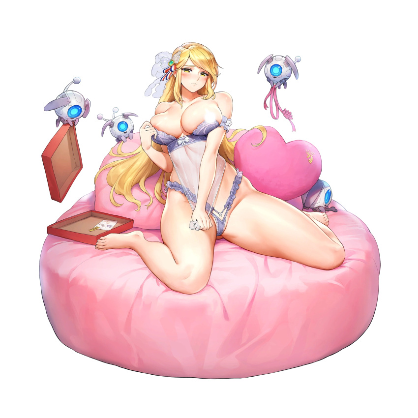 1girls areola_slip blonde_hair blush game_cg green_eyes highres indomitable_marie kakiman large_breasts last_origin lingerie long_hair official_art pillow sitting solo thick_thighs transparent_background transparent_clothing